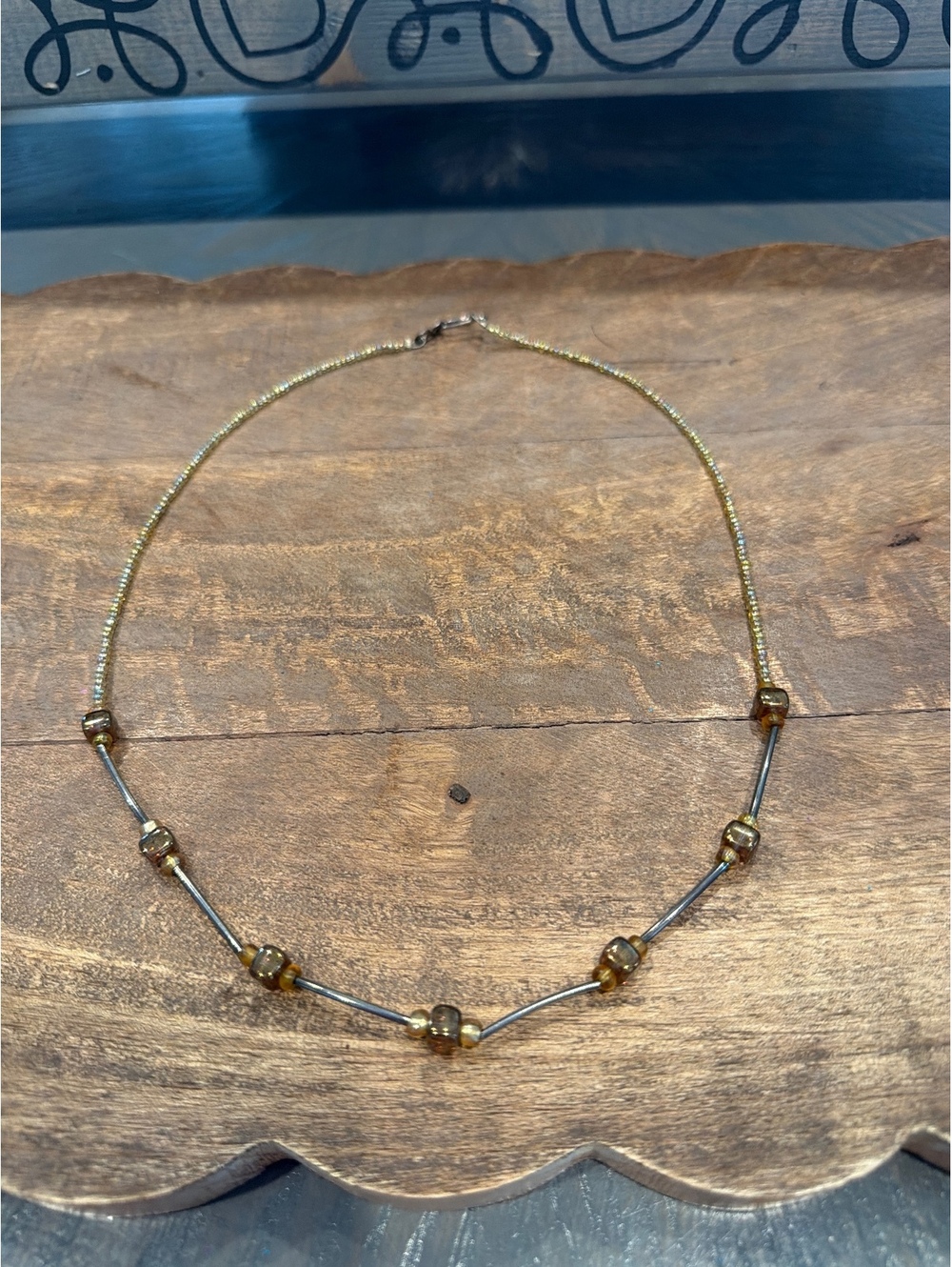 Vintage Brown Glass Bead and Metal Tube Necklace